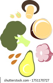 Vector illustration of a set of useful products. Almonds, mushrooms, broccoli, pistachios, garlic, coconut, avocado. Vintage flat style. Poster, postcard.