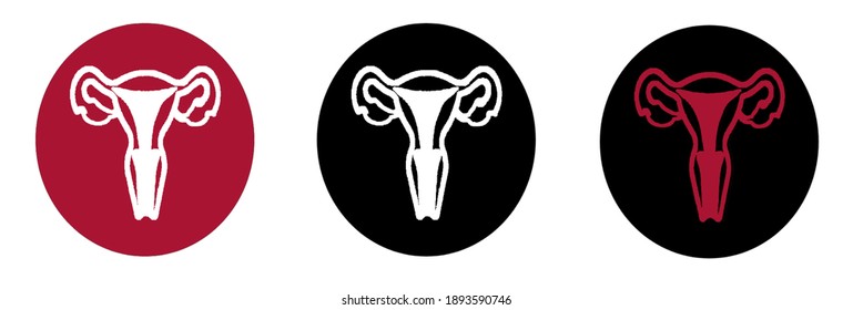 Vector illustration set of uterus icons. Black, white, dark pink
