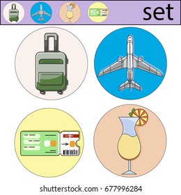 Vector illustration set of vacation. Icon and logo of airplane, cocktail, ticket, travel bag