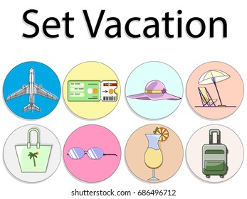 Vector illustration set of vacation. Icon and logo of airplane, cocktail, ticket, travel bag