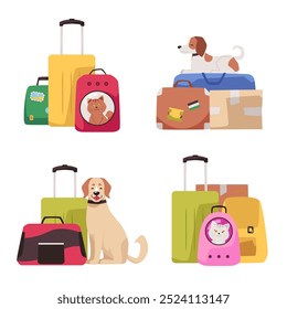 Ilustração vetorial de um conjunto para uma viagem de férias com animais de estimação: portadores de cães e gatos, uma mochila e malas, que são ideais para viagens seguras e confortáveis.