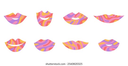 Vector illustration set of Valentine colorful groovy icons with abstract lips shapes isolated on white background. Modern funky design elements for sticker print, card