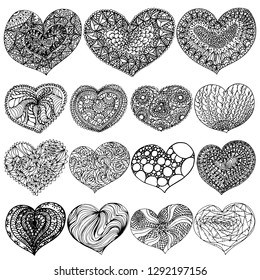 Vector illustration set for Valentine's Day set of zenart hearts contour black on white background.