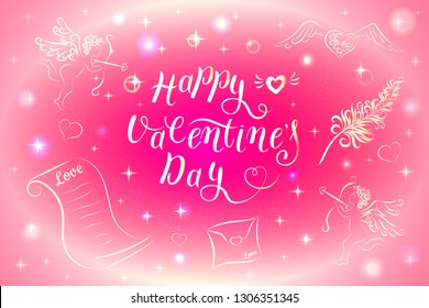 Vector illustration Set for Valentine's Day. Love letter, feather, envelope, heart with wings, cupids, lettering. Image for your design and decor: valentines cards, wedding invitations, posters.