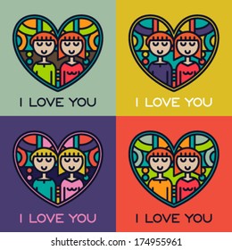 Vector illustration set. Valentine's Day two people in love, cartoon 