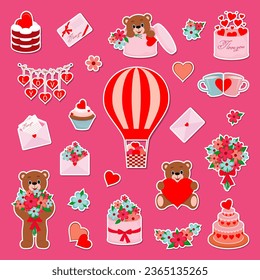 Vector illustration Set of Valentine's Day illustrations in flat cartoon design. Cute stickers and pictures symbolizing Valentine's Day.