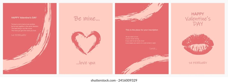 Vector illustration. Set of Valentine's Day posters in pastel colors. Symbols of heart, lips, Love, kiss with place for inscription on terracotta background. Banner, flyer, advertisement