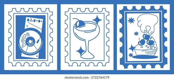 Ilustración vectorial. Conjunto de tarjetas de San Valentín y cóctel. Postales, carteles, Anuncios y portadas. Estilo retro.