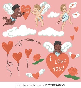 Conjunto de Ilustración vectorial para el día de San Valentín con cupids lindos de estilo de dibujos animados, globos voladores en forma de corazón, cartas de amor, nubes y rosas. Perfecto para tarjetas románticas, pegatinas, carteles y redes sociales. El diseño plano y el estilo lúdico lo hacen ideal para decoraciones navideñas y productos infantiles.
