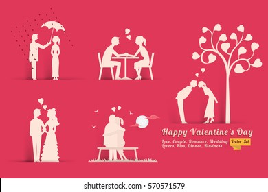 Vector illustration set of Valentine's day concept in style of paper with shadow, abstract background of love, lovers, couple, dinner, romance, wedding, kissing, heart shape. 