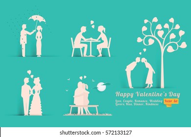 Vector illustration set of Valentine's day concept in style of paper with shadow, abstract background of love, lovers, couple, dinner, romance, wedding, kissing, heart shape. 