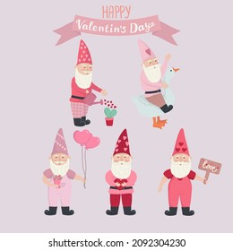 Vector illustration set of valentines gnomes in pink clothes and lettering on a ribbon. Garden gnome on a goose, with flowers, gifts