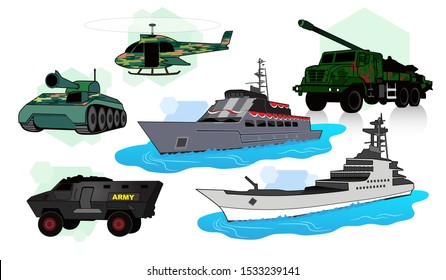 vector illustration set of variant military flying, land and water vehicle. Looks in perspective. With a white background, isolated.
