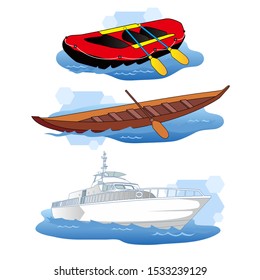 vector illustration set of variant type of boat, inculding rubber boat, wooden and yacth. Looks at variant perspective. With a white background, isolated.