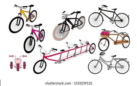 vector illustration set of variant type of bike, including classic type, kids, custom long bicycle and mountain bike. Looks at variant perspective. With a white background, isolated.