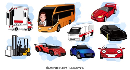 vector illustration set of variant type of car, including bus, industrial and city car. Looks in perspective. With a white background, isolated.
