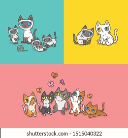 Vector illustration set of variation colours of house domestic cats in many positions and activities 