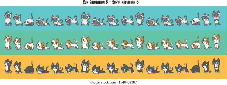 Vector illustration set of variation colours of house domestic cats in many positions of yoga (sun salutation A ,surya namaskar A).Flat cat cartoon colorful vector illustration