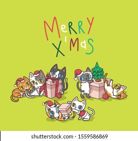 Vector illustration set of variation colours of house domestic cats in many positions of christmas party celebration event.Flat cat cartoon x mas party colorful vector illustration