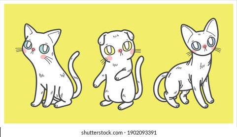 Vector illustration set of variation colours and species of house domestic cats (sphynx, scottish fold, siamese) in many positions