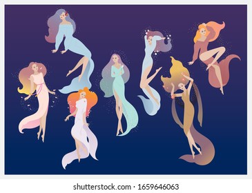 Vector illustration set of variation hair colours and colourful costumes of beautiful nymphs or fairies or angels floating in many positions in space