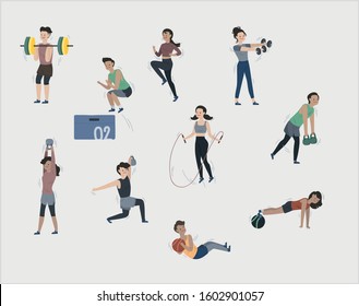 Vector illustration set of variation posture of functional exercise people with gym functional equipment. Flat cartoon colorful vector illustration (B)