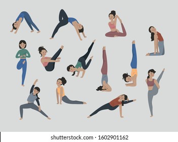 Vector illustration set of variation posture of yogi woman doing many positions of yoga. Flat cartoon colorful vector illustration