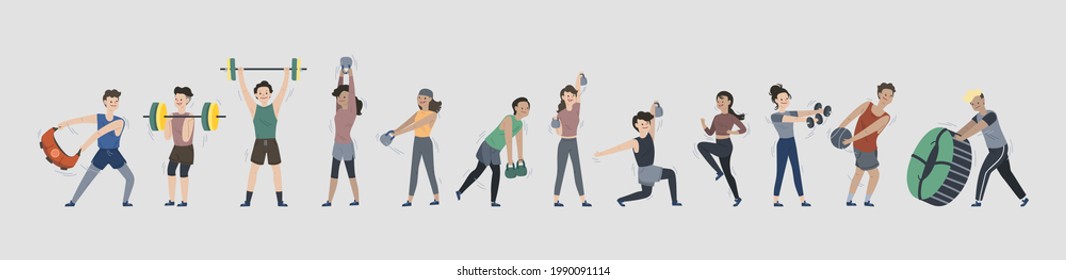 Vector illustration set of variation posture of functional exercise people with gym functional equipment. Flat cartoon colorful vector illustration