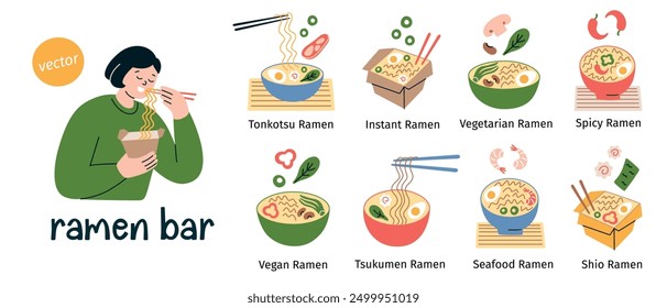 Vector illustration set with a variety of ramen types, Tonkotsu, Instant, Vegan noodles, japanese dish Tsukumen and Shio ramen. Cartoon style for culinary guides, food blogs. Asian cuisine collection