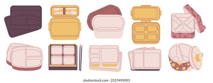 Vektorgrafik eines Sets mit verschiedenen asiatischen Bento-Boxen. Leere Lunchboxen in verschiedenen Formen, Größen und Farben werden auf einem isolierten Hintergrund im flachen Stil präsentiert.