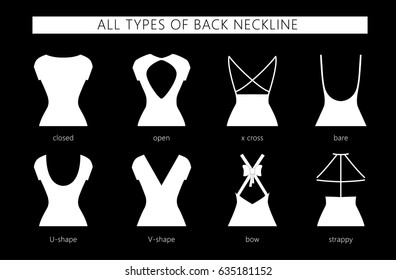 Vector illustration set of various back neckline types for women's' fashion. Vector in flat linear style.