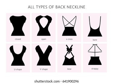 Vector illustration set of various back neckline types for women's' fashion. Vector in flat linear style.