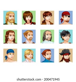 Vector  illustration set of various cartoon faces. Pirate and civilians are