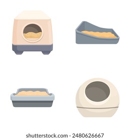 Vector illustration set of various cat litter boxes with sand, isolated on white