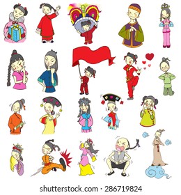 Vector illustration set of various character funny happy Chinese girl and boy  cartoon in national costume