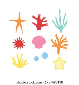 Vector illustration of a set of various corals and starfish Simple, flat kawaii style. svg