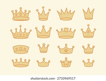Un conjunto de Ilustración vectorial de varios íconos de la corona, incluyendo coronas reales, coronas de princesas y Elementos de fantasía. Diseñado en un estilo plano lindo, minimalista y similar a un emoji