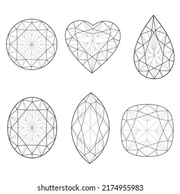 Ilustración vectorial del conjunto de varias formas de diamante cortadas. boceto de diamantes sobre fondo blanco. vista superior de diamante