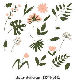 Vector illustration - set of various elements of nature: flowers, leaves, twigs. Isolated on white background. For stickers, prints, decorations, posters, flyers and etc.