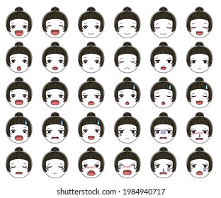 Vector illustration set of various facial expressions of girls laughing, crying and angry