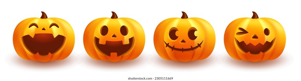 Conjunto de ilustraciones vectoriales de diversas expresiones faciales de linternas de calabaza de Halloween.