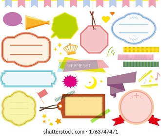 Vector illustration set of various frames. Tags, frames, frames, sticky notes, ribbons, speech bubbles, headlines, flags, megaphones, crowns