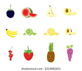 Vector illustration of set of various, fresh, tropical fruits and berries, whole and cut, in color, isolated, on white background.