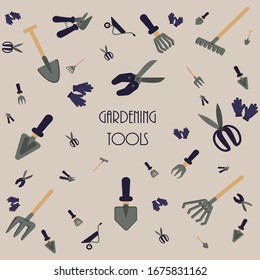 Vector illustration of a set of various garden items on a light background. Garden tools: shovel, rake, pitchfork, wheelbarrow. A collection of tools for a garden or farm. Flat illustration design.
