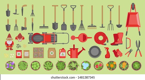 Vector illustration. Set of various gardening items. Garden tools and plants. Top view. Flat design illustration of items for gardening. View from above.