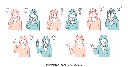 Conjunto de ilustraciones vectoriales de diversos gestos de mujeres jóvenes