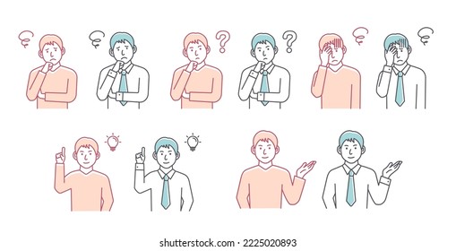 Vector illustration set of various gestures of young man