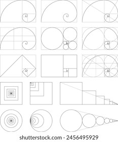 Vector illustration set of various golden spirals and golden ratios