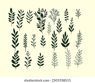  Vector illustration set of various green leafy branches in a minimalist style on a light beige background. Perfect for nature-themed designs, botanical prints, or decorative elements