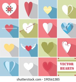 Vector illustration of a set of various heart icons in a simple style, pastel colored 